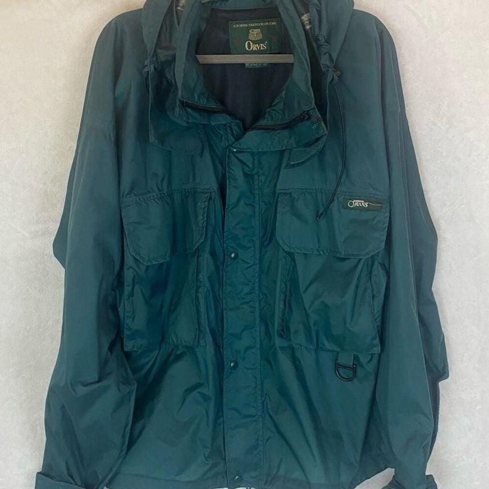 Vintage Orvis Fly Fishing Hooded Jacket XL Dark Green Ripstop Camping Hiking